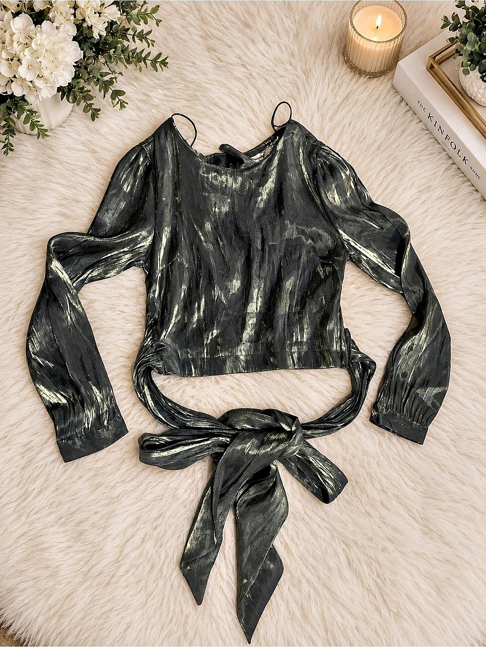Black Long Sleeve Tie-Waist Top Like New